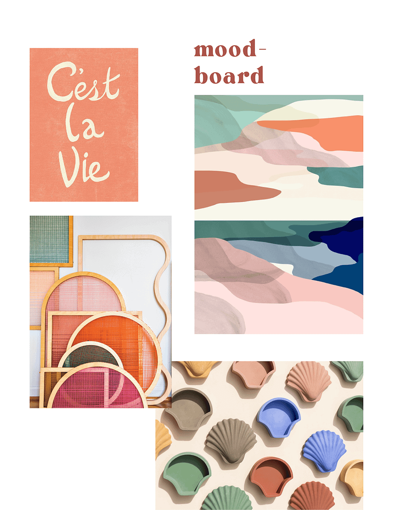 Moodboard avant la réalisation d’une identité visuelle. On peut voir l’ambiance et les couleurs qui la composent.