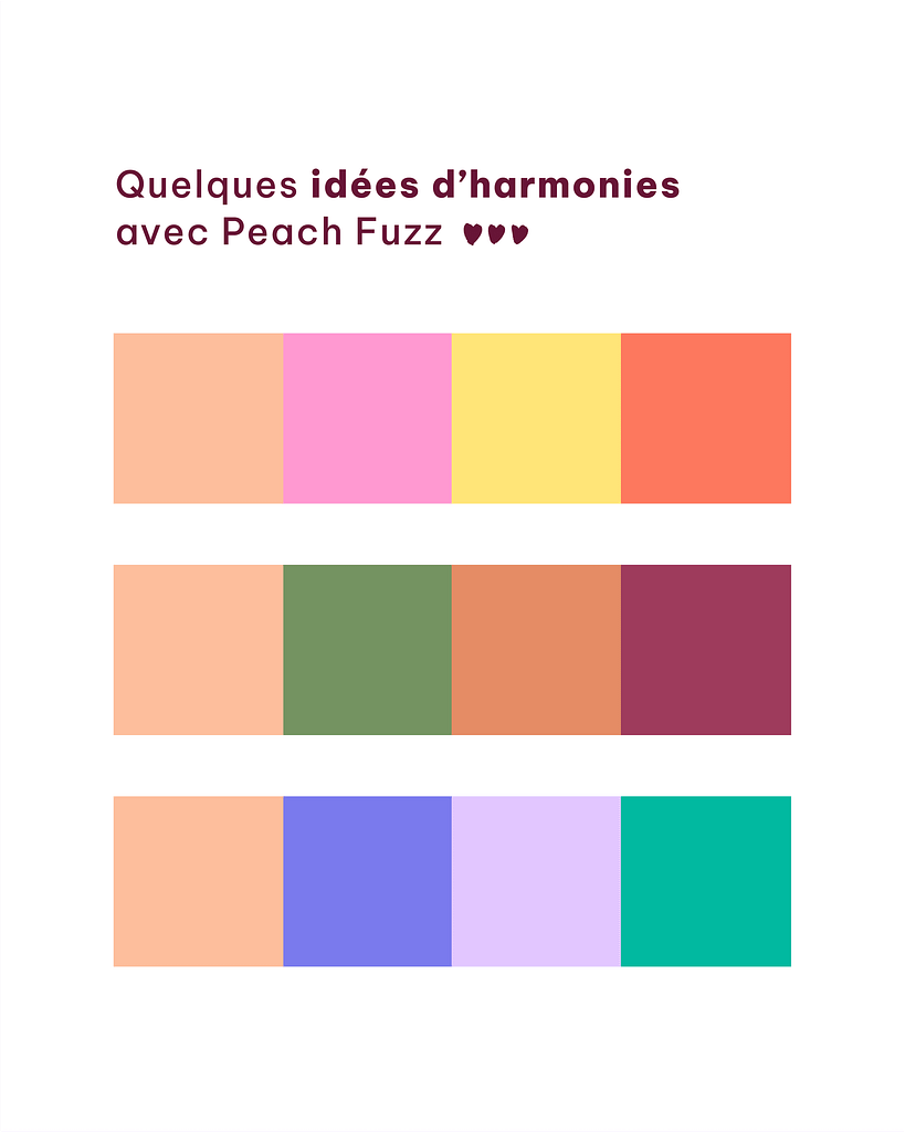 Trois harmonies de couleurs qui peuvent aller avec la couleur Pantone 2024 Peach Fuzz sont présentées l’une en-dessous de l’autre.