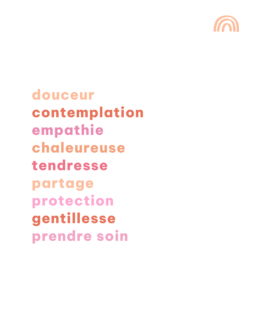 Illustration où l’on peut lire les mots “douceur, contemplation, empathie, chaleureuse, tendresse, partage, protection, gentillesse, prendre soin” en nuances de rouge, orange et rose sur fond blanc.