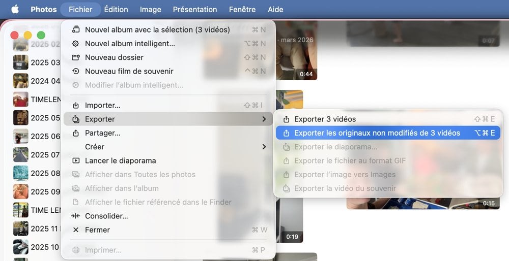 Menu Fichier, Exporter, Exporter les originaux non modifiés dans l'app Photos sur Mac