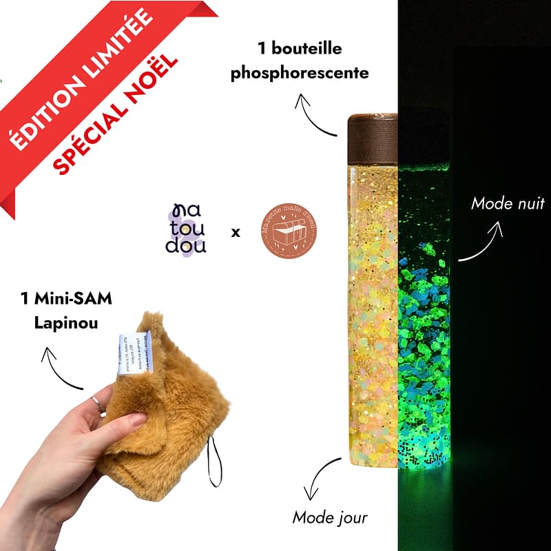 édition limitée pack Mini-sam lapinou et une bouteille sensorielle phosphorescente